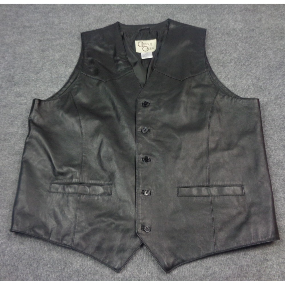 Cripple Creek Leather Vest Mens 2XL Black Leather Western Cowboy Button Front